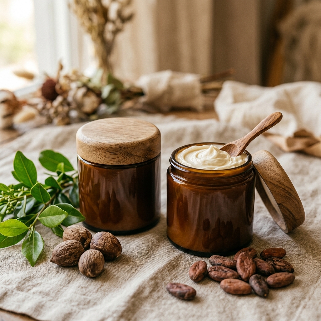 Rich body butters in amber jars with natural ingredients
