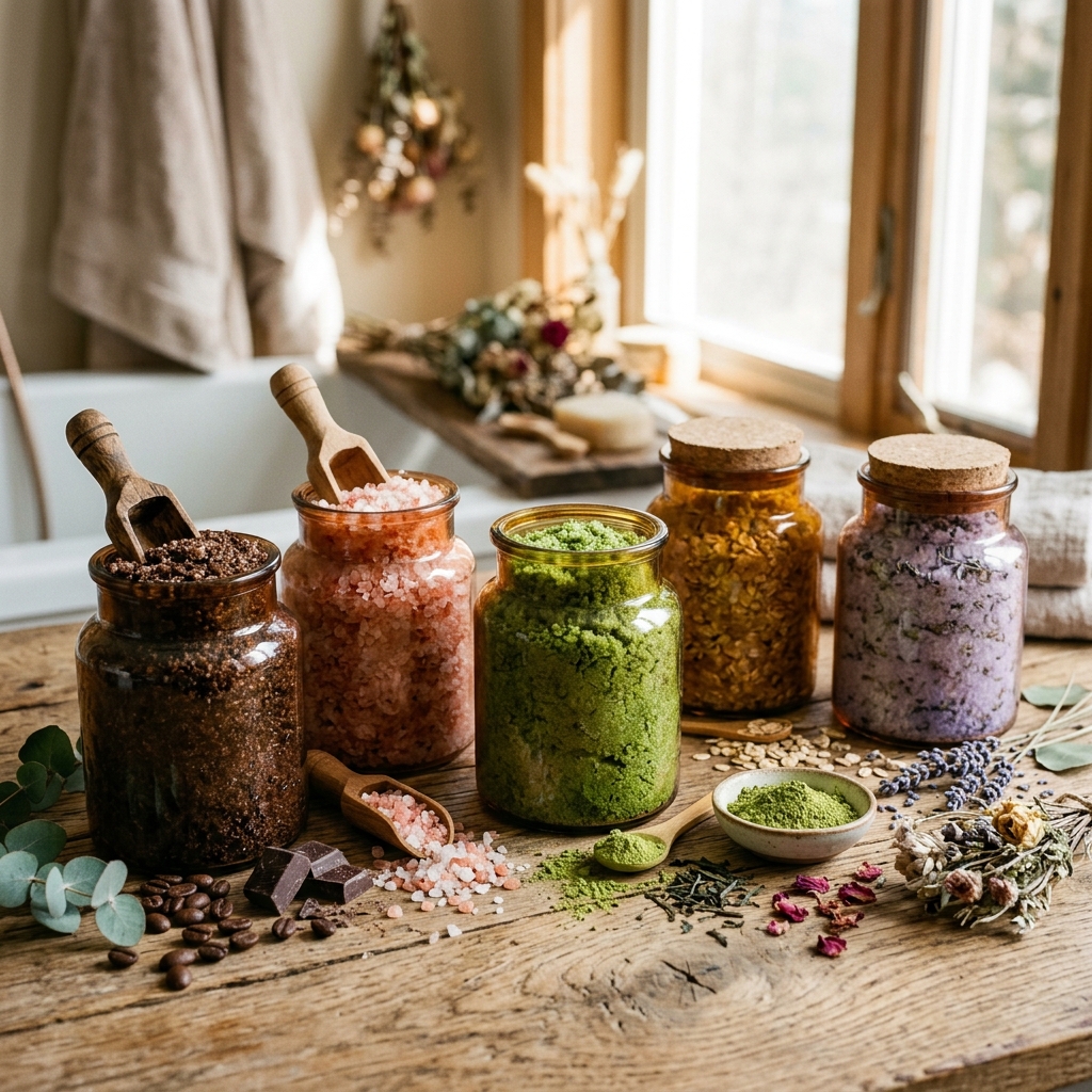 Colorful body scrubs in glass jars with wooden scoops