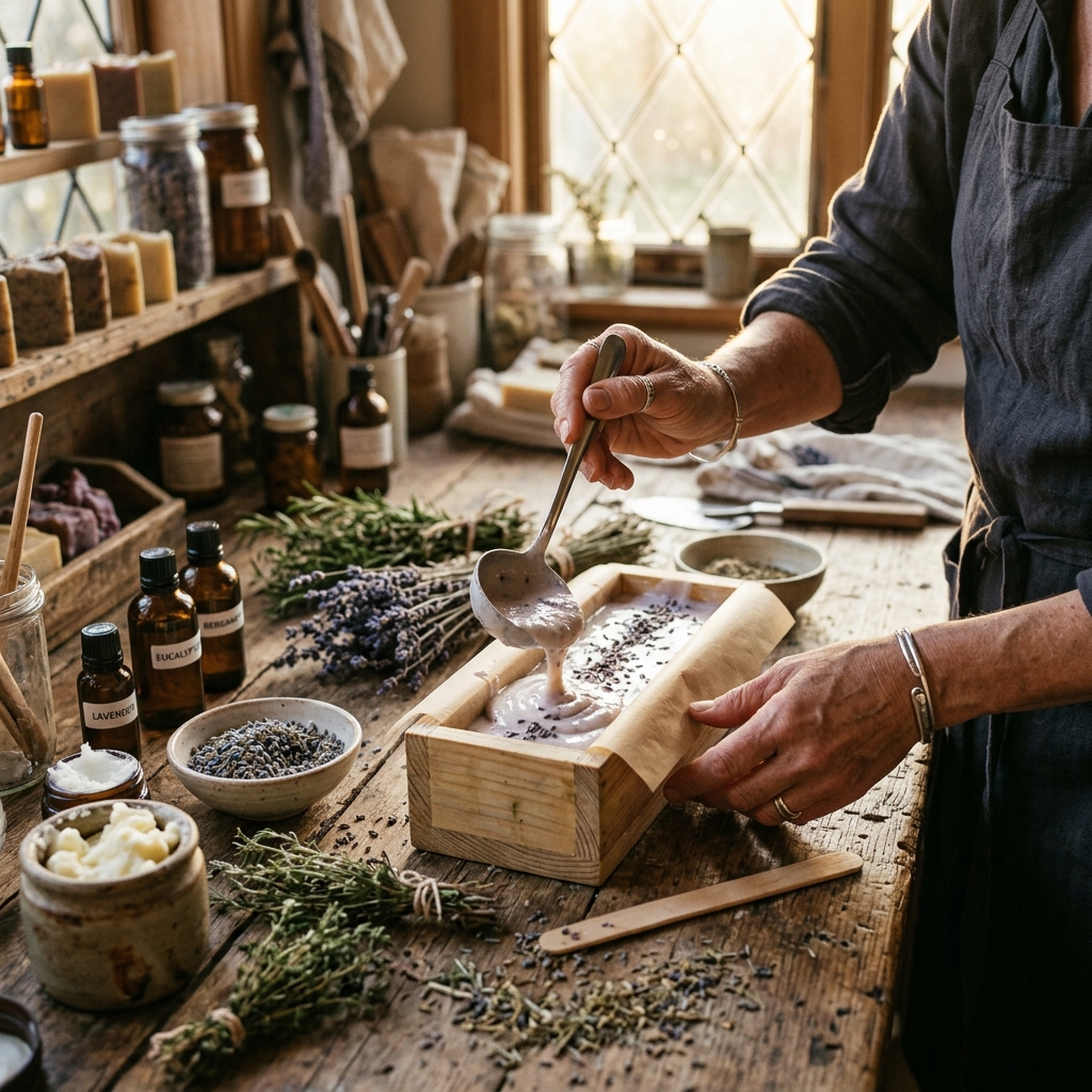 Handcrafting natural soaps at a rustic workbench with botanicals and essential oils