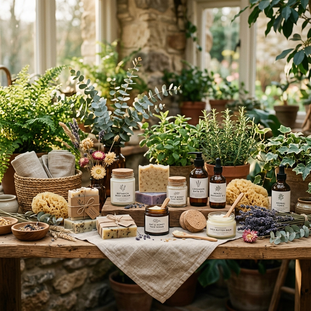 Artisanal bath and body products arranged with fresh botanicals and natural ingredients