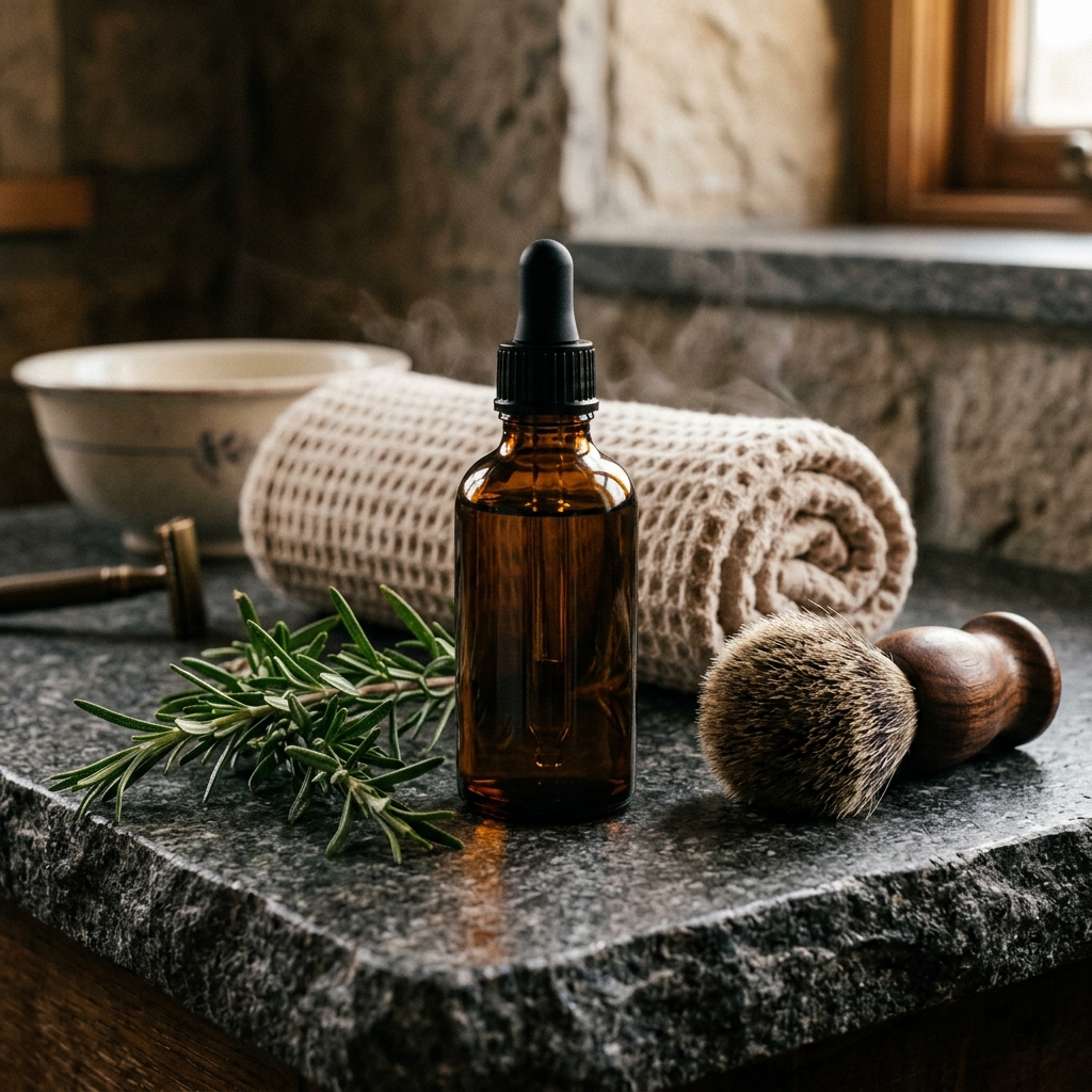 Natural shaving oil in amber dropper bottle with grooming accessories