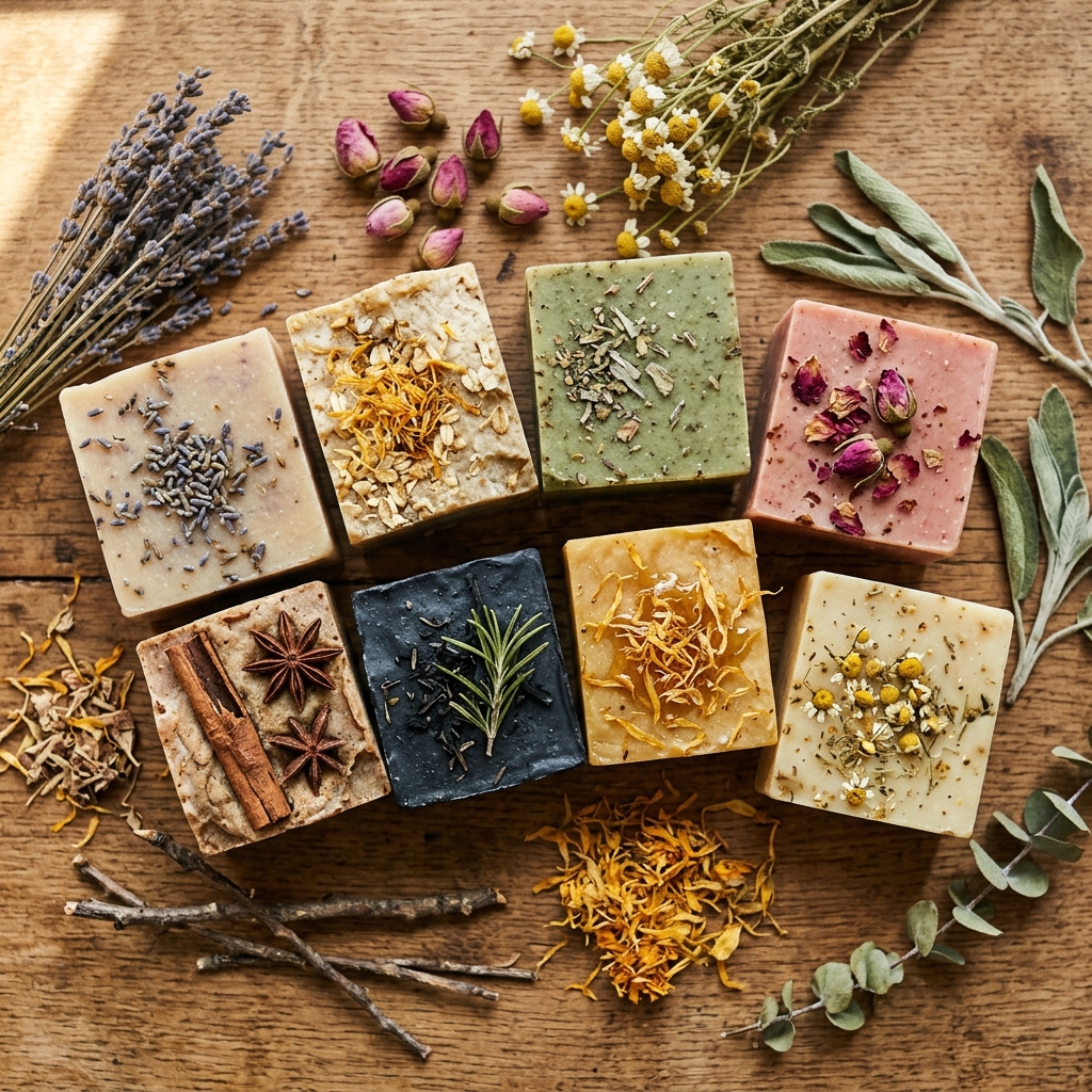 Collection of handmade artisanal soaps with natural botanicals